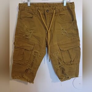 Smoke Rise Men's Distressed Cargo Shorts in Mustard Brown Sz 34